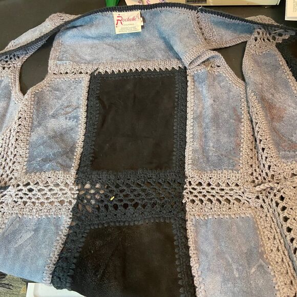 Vintage 70s Suede Leather Crochet M Patchwork Vest Gilet Rochelle California - Picture 8 of 15